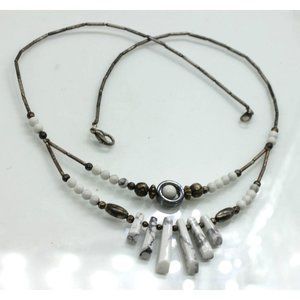 VINTAGE 800 silver white howlite liquid silver fringe Native necklace. 20"